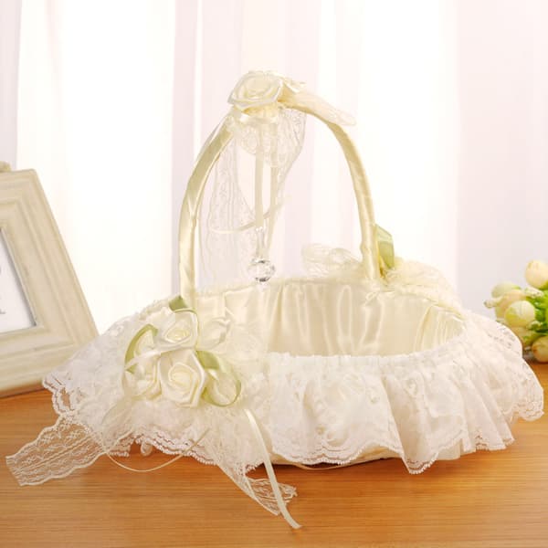 Bröllop Bambu Blomma Korg Spets Trim Satin Bröllop Flower Girl Korg