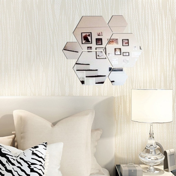 12 st Topfjäder Hexagoner Mirror Kakel Väggdekal 3D Akryl Spegel Väggdekor Dekor Stick På Modern Dekal För Hem Silver L