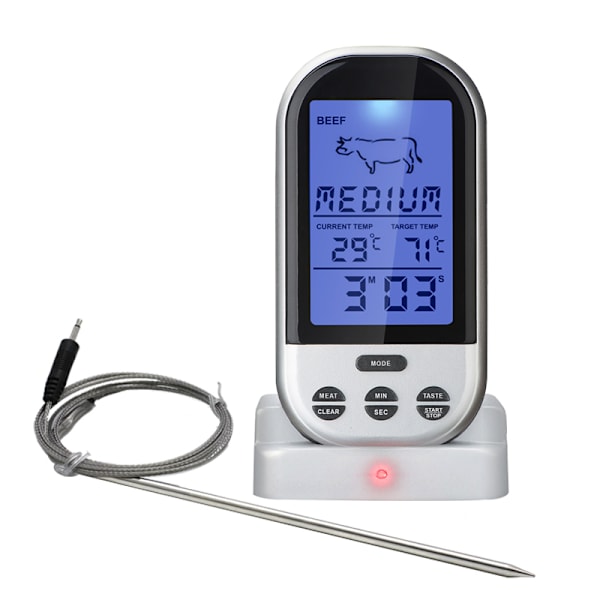 Trådlös digital termometer LCD BBQ Grill Kött Kök Ugn Mat Matlagningstermometer Silver