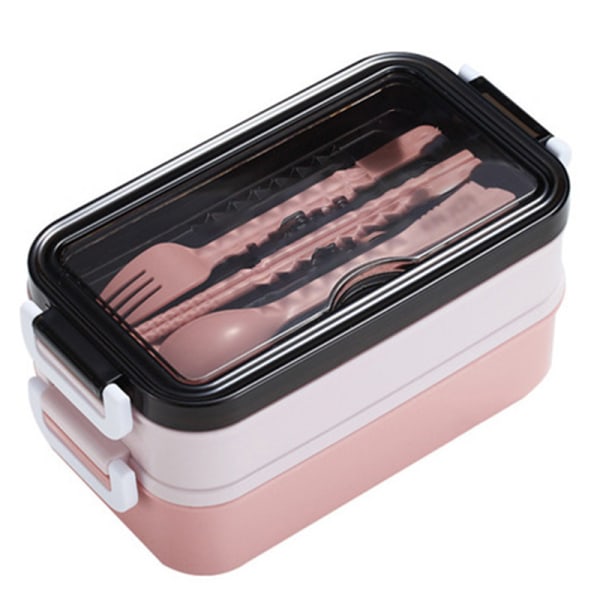 2-lagers Bento Box Anti-läckage Office Lunch Box med bestick Mikrovågsugn Säker Enkel Barn Studenter Picknick Matbehållare Pink