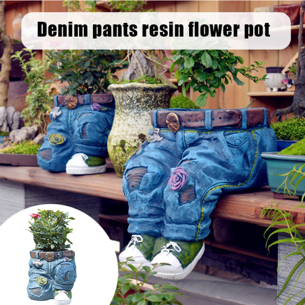 Denim Kläder Byxor Resin Blomkruka Staty Retro Trädgårdsprydnad För Hemma Innergård Dekoration Sittande/Knästående Pose Kneeling