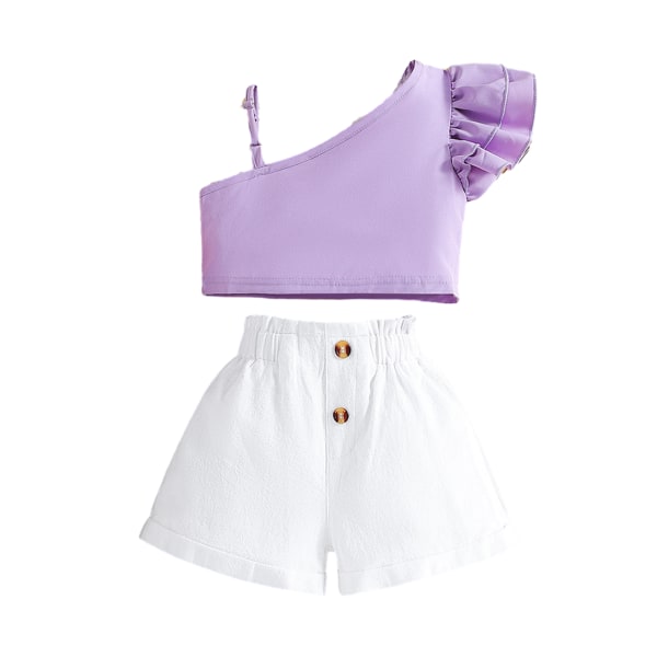 Summer Girl's Fashion Off-Soulder Top Byx Set Mångsidigt bekväma casual för hem/resa/dagligen Purple 110cm