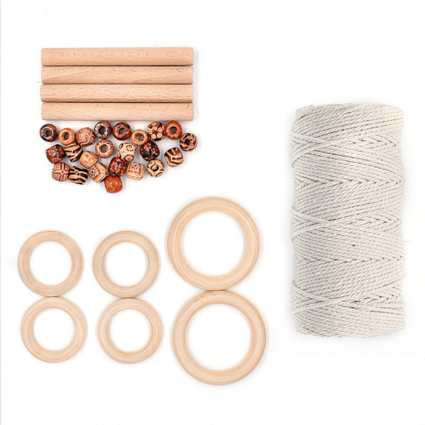 Macrame Kit Gör-det-själv gobeläng Macrame-tillbehör med träpärlor och ringar Naturlig bomullssnöre Hemhängare för nybörjare 2