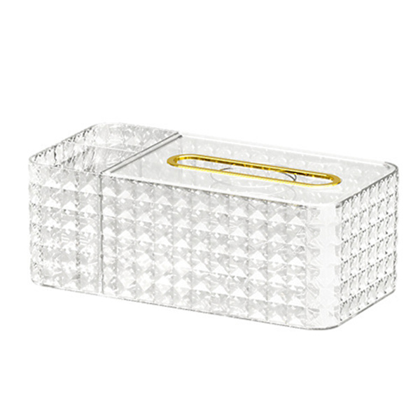 Vävnadslåda i kristall med fjäder- och diversehållare, multifunktionell organizer transparent