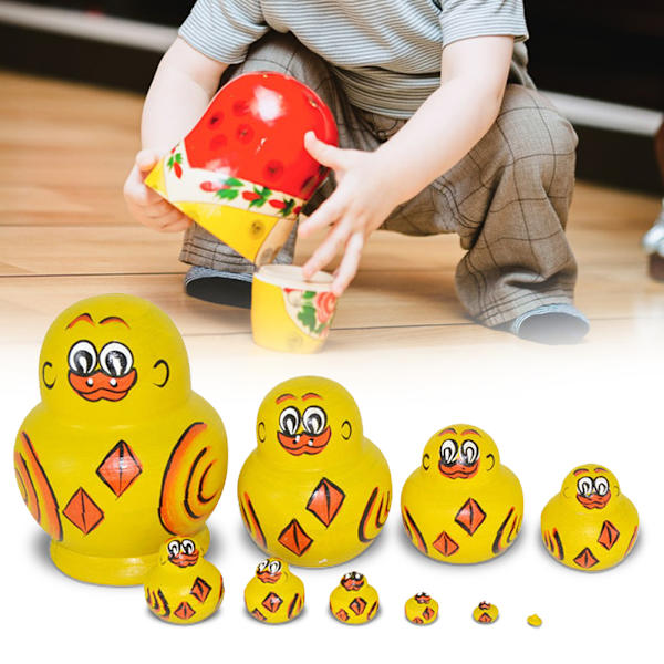 10 st/set tecknade söta ankor Matryoshka dockor handgjorda färger staplingsleksaker traditionella ryska trä Matryoshka gåva Yellow