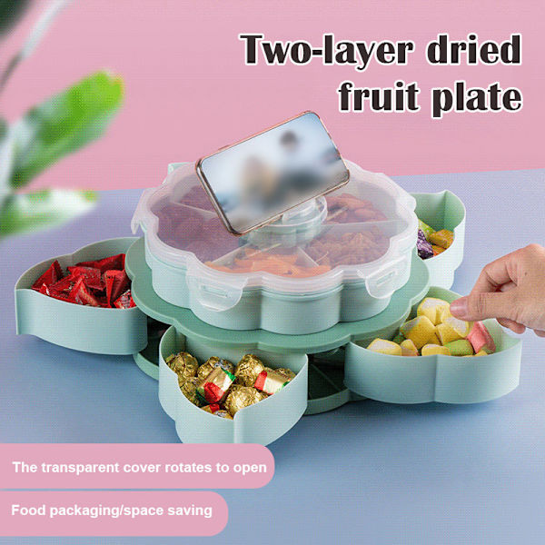 Kronbladsformad Roterande Snack Box Bord Godis Snacks Förvaringsbricka Dubbellager Hushåll Pink