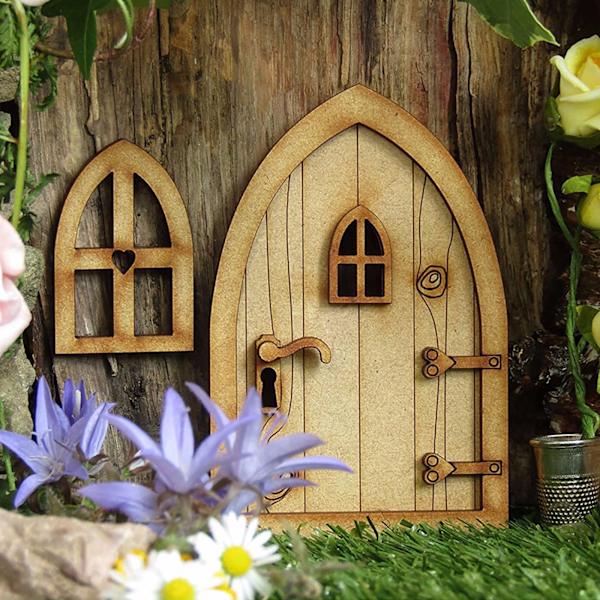 Fairy Dörr och Fönster Set För Träd Miniatyr Trä Fairy Pixie Trädgård Utomhusdekor för Hem Barn 3