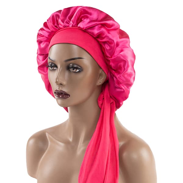 Nattmössa i satin för kvinnor med bred brätte Elastisk Mjuk cap som andas för lockigt hår Rose Red