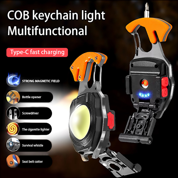 Cobs Nøgleringslys Multifunktionel Mini LED Lommelygte Nødlys med Oplukker til Udendørs Vandreture Black