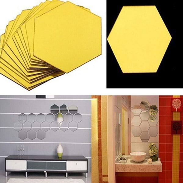 12 st Topfjäder Hexagoner Mirror Kakel Väggdekal 3D Akryl Spegel Väggdekor Dekor Stick På Modern Dekal För Hem Red M