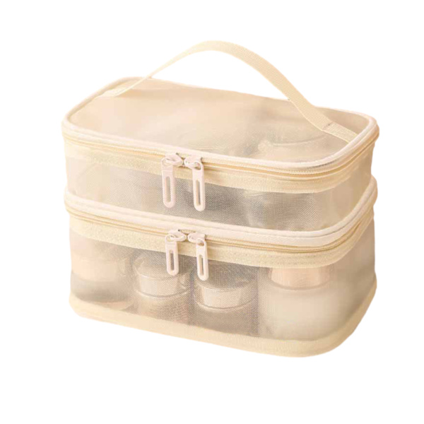 Bärbar Mesh Rese Kosmetisk Förvaringsväska Stor Kapacitet Lätt Toalettväska För Hem Hotell Makeup Beige Double Layer