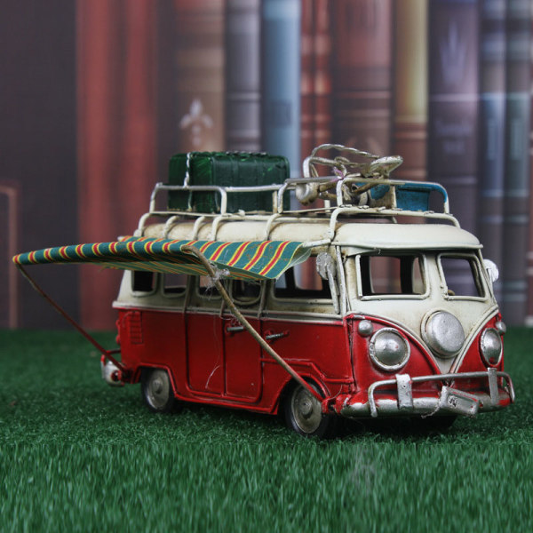 Metall Bilmodell Vintage RV Husbil Leksak Simulering Limousine Strandbuss Heminredning För Desktop Hylla Red