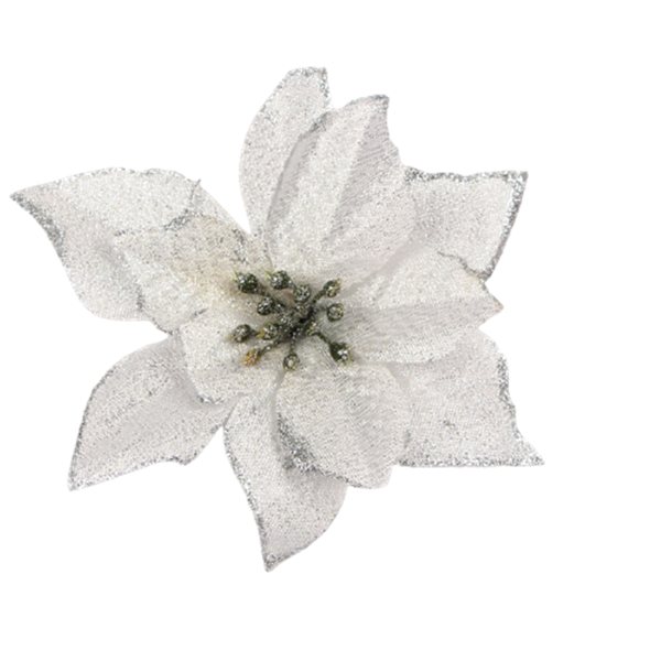 10st konstgjord julstjärna Blomma Jul Dekorativ Glitter Blomma Julgran Bröllopsdekoration Silver
