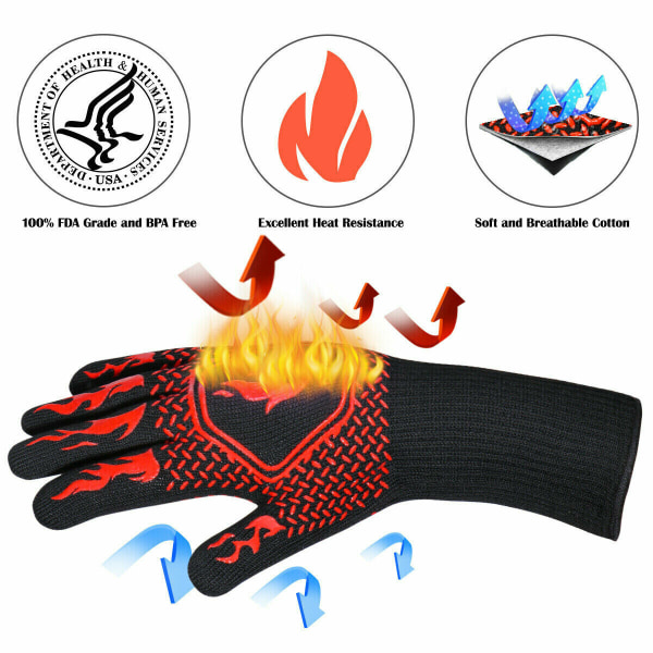 Flamskyddande BBQ-handskar Dubbellager Värmebeständig Mitt Extra lång tjock isolering för matlagning Black A Pair