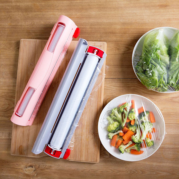 Dispenser för plastfolie med skjutskärare Återanvändbar folie & tätningsfilmskärare Köksförvaringstillbehör Justerbar längd Gray