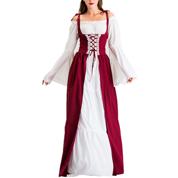 Kvinnors medeltida golvlång klänning kostymer långärmad prinsessa cosplay klänning för temafest Wine Red L