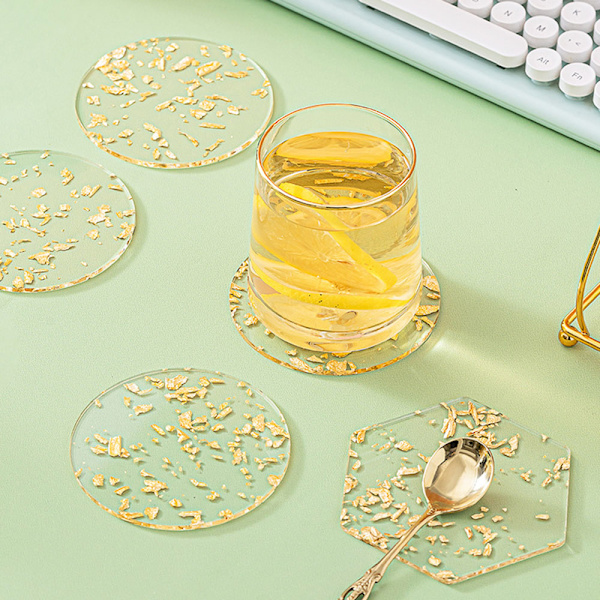 Creativity Tea Cup Pads Återanvändbara halkfria Gold Leafs koppmatta för bordsbruk Hexagon
