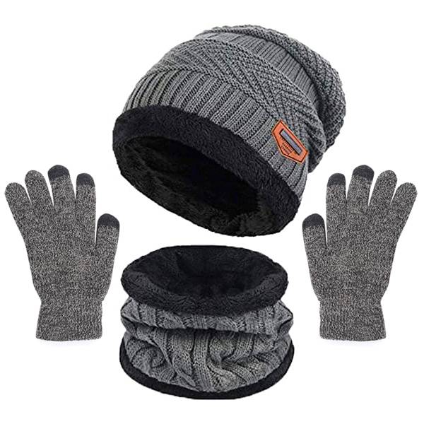 Vinter varm mössa Halsdukshandskar set Unisex vinter varm stickad mössa Halshandske för män kvinnor Gray Three piece Suit