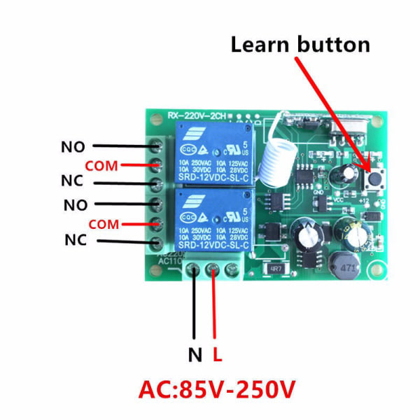 Universal 433 Mhz trådlös fjärrkontrollswitch Relä 220V 2CH Mottagarmodul +RF 433Mhz Fjärrkontroller Module