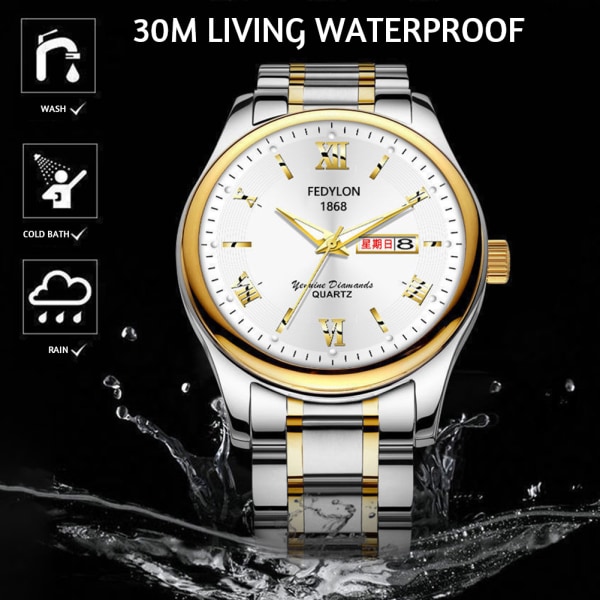 Helautomatisk mekanisk watch för män Enkel vattentät armbandsur Present för födelsedag Gold Black