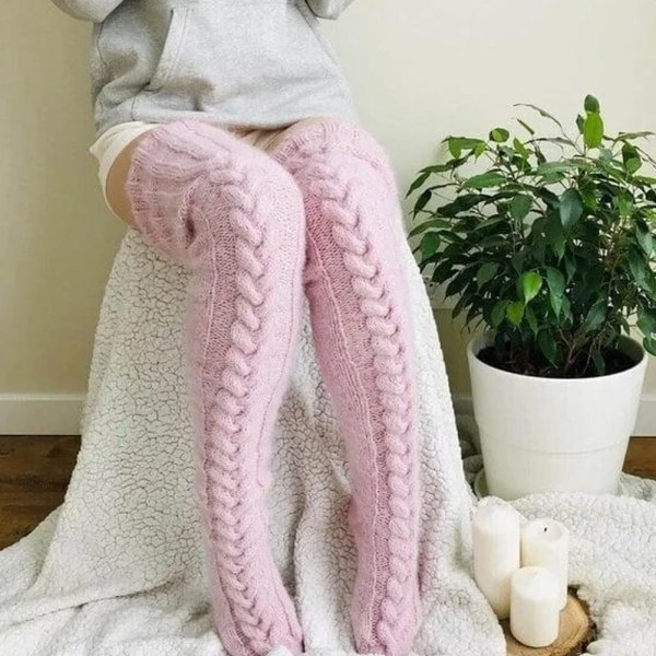 Lår Höga strumpor Varma över Knä Extra långa stickade strumpor Höst Vinter Ull Fotvärmare Strumpor För Kvinnor Flickor Pink 105cm