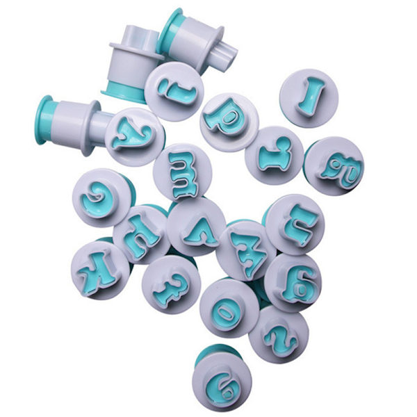 Engelska alfabetet / siffror Stämpel Impress Cookies Fondant Bokstavsskärare Prägling Kolv Bakning Dekorationsverktyg Lower Case Letters