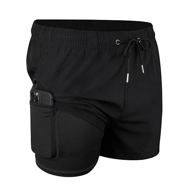 Dubbellagers bermudashorts för män med mobiltelefonhållare för Summer Beach Black M