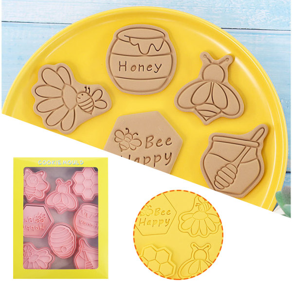 8 st Cartoon Bee Cookie Stencil 3D Kex Stencil Plast Baking Stencil