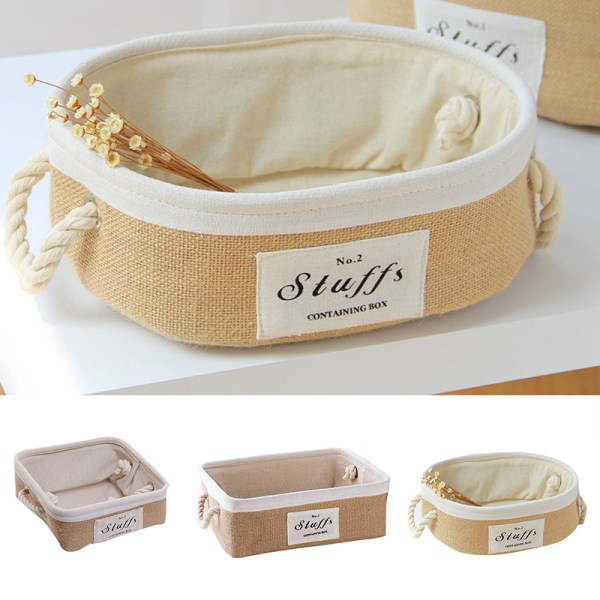 Jute Förvaringskorg Tyg Diverse Snacks Korg med rephandtag Bärbar Desktop Organizer 3 former 2 storlekar Oval Large