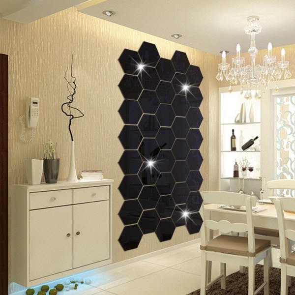 12 st Topfjäder Hexagoner Mirror Kakel Väggdekal 3D Akryl Spegel Väggdekor Dekor Stick På Modern Dekal För Hem Red M
