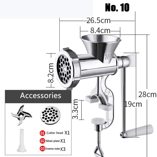 Manuell köttkvarn Multipurpose Aluminiumlegeringsfärs Avtagbar handvevsverktyg för hemköket No. 10