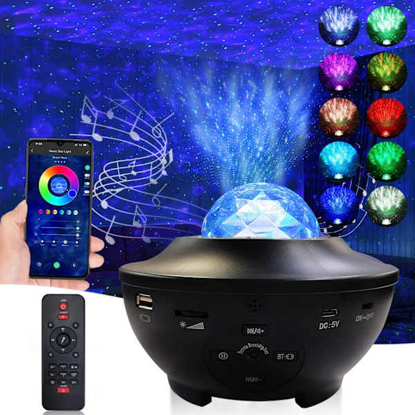 Stjärnprojektor med Bluetooth högtalare, röst/fjärrkontroll, Galaxy Night Light för barn, vuxna, sovrum, heminredning