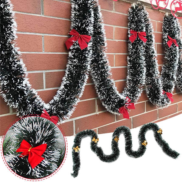 Jul mörkgrön glitter krans med snöeffekt & pilbåge dekor säsongsbetonad hängande prydnad för inomhus utomhus 2m Red