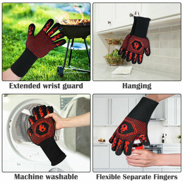 Flamskyddande BBQ-handskar Dubbellager Värmebeständig Mitt Extra lång tjock isolering för matlagning Black A Pair