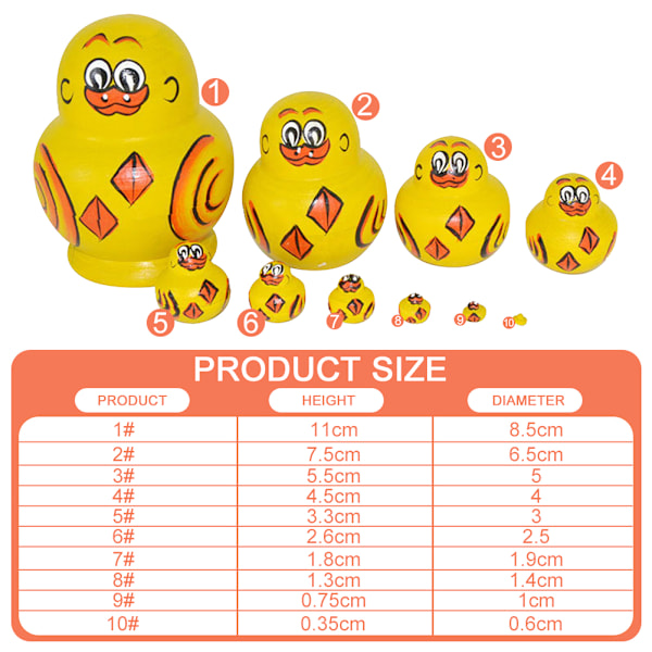 10 st/set tecknade söta ankor Matryoshka dockor handgjorda färger staplingsleksaker traditionella ryska trä Matryoshka gåva Yellow