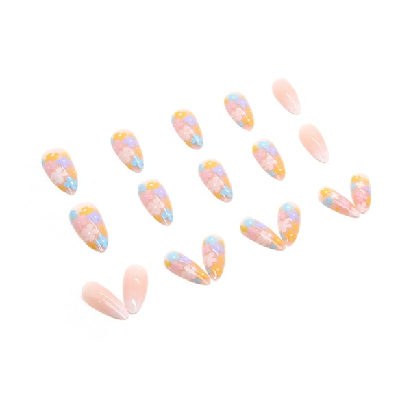 24-pack kort mandelformade naglar, naken konstgjord blommig is