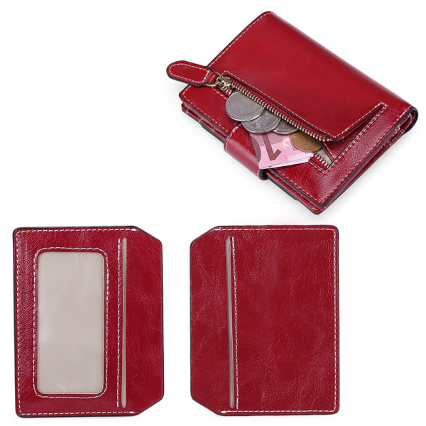Läderplånbok dam Liten RFID-blockerande dubbelvikt dragkedja Fickkortshållare Kort plånbok dam (vinröd)