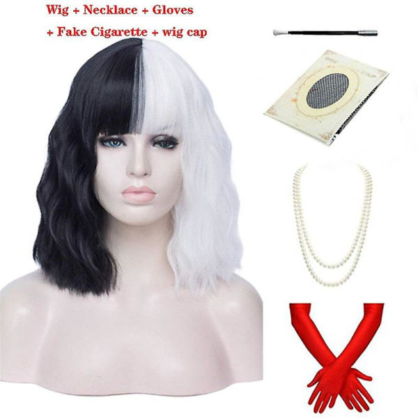 IC Cruella de Vil kort lockig halv svart och halv vit cosplay peruk
