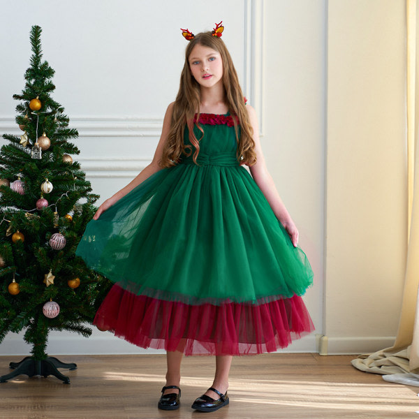 Tjejer Prinsessan Julklänning Fest Tutu Tyllklänningar Grønn 160cm