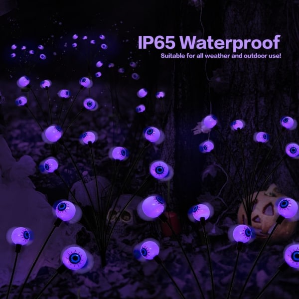 IC 2PAK Skumle øyeepler Solcelledrevne Hagelamper Halloween Dekorasjoner Utendørs, Svingende Glødormer med 12 LED Lilla Spøkelsesaktig Lys