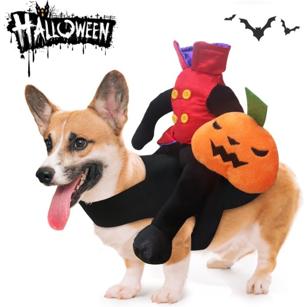 IC Huvudlös man Hund Pumpa Kostym Halloween Ridning Husdjur Cowboy Ryttare Häst Outfit Katt Roliga kläder Kläder Fest Cosplay (stor)