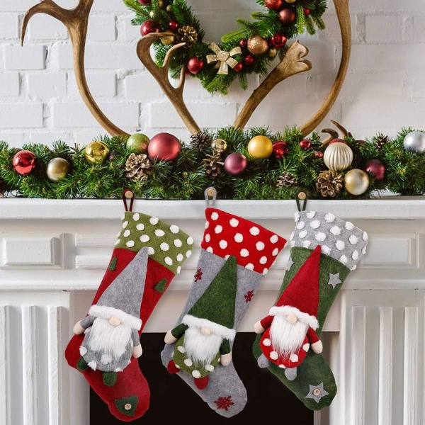 IC Julstrumpa 3-pack, 19 tum 3D-tomtar Santa Julstrumpor Öppen spis Hängstrumpor
