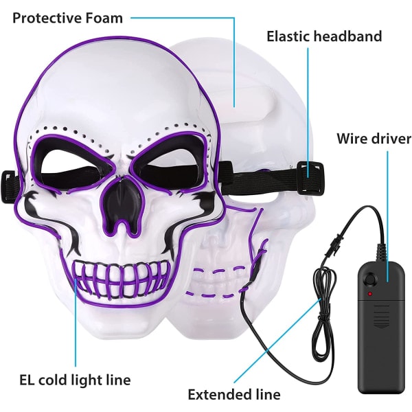 IC Halloween Skull LED Rengöringsmask med 3 glitterlägen för Lila