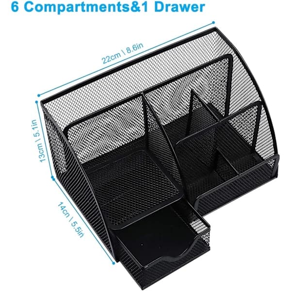 Mesh Desktop Organizer, Multifunctional Desk Storage & Pen Holder with 6 Storage Compartments and 1 Pull-out Drawer Black Black