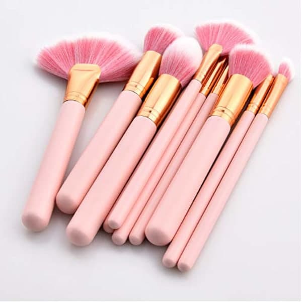 IC Sminkbørster 10 stk Rosa trehåndtak Nylon