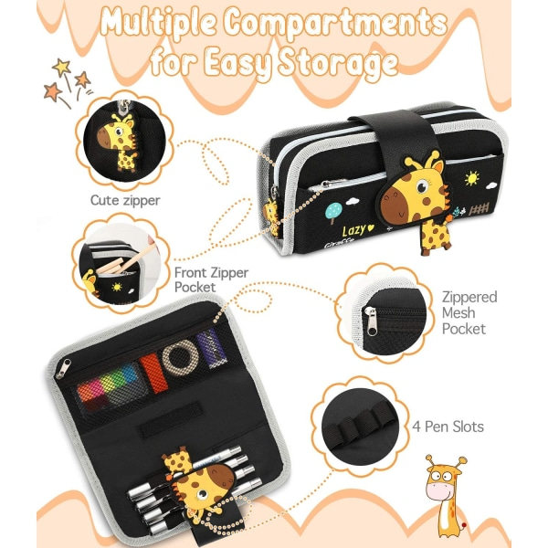 IG Pennfodral Case med stor kapacitet, søde tegnede kontorartikler Black & Giraffe