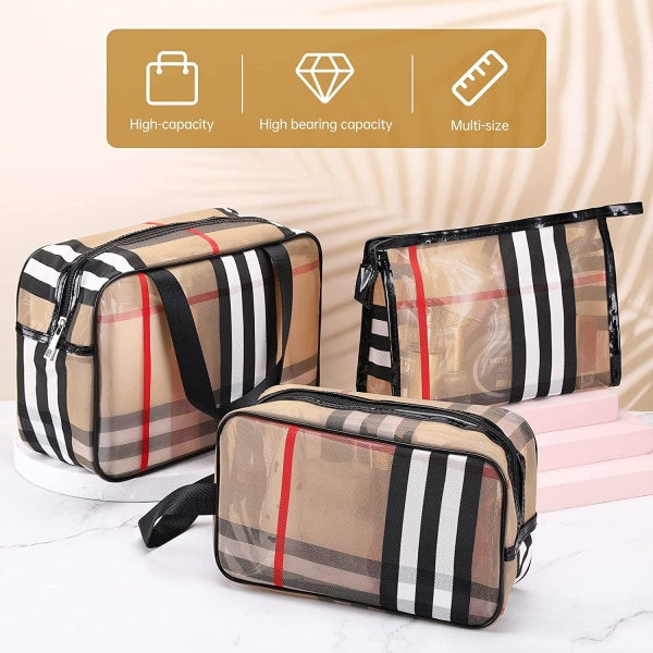 3-pack randig sminkväska Set Transparent vattentät organizer Multi organizer Dam och flickor Rutig sminkväska