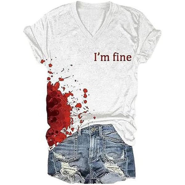 I'm Fine Bloody T-paita Täydellinen Halloweenille Kostym Humor Rolig Bloodstained Wound L
