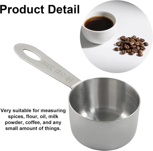 4 stk. Målekopper i rustfritt stål, 1/8 kopp 30 ml kaffeskje for baking, krydder og pulver, sølv