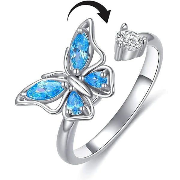 IC Blå Cubic Zirconia Butterfly Spinner Fidget Ring for women Flickor Ångest Rotera fritt Inspirationer Smycken Meditation